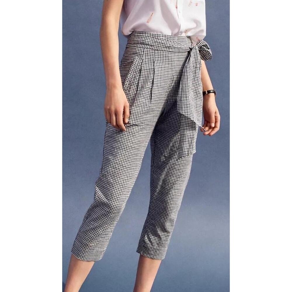 Cartonnier by Anthropologie Gingham Linen Tie Waist Cropped Pants Size 2